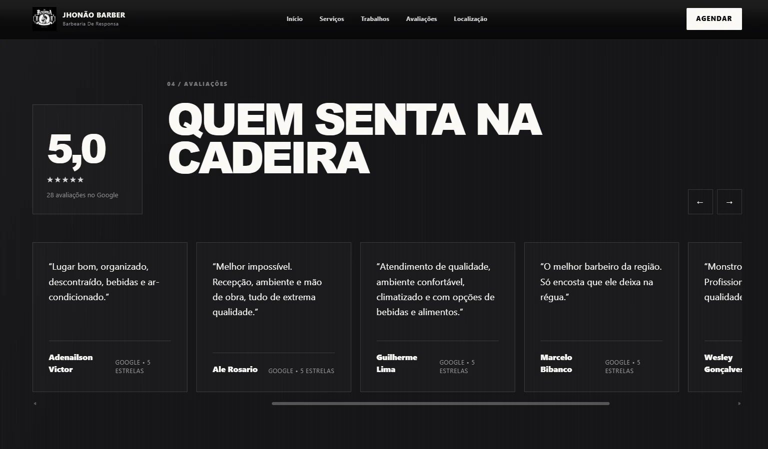 Seção de avaliações do site Jhonão Barber em desktop